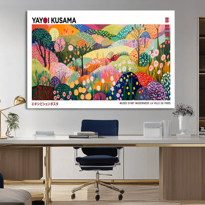 75201-MGV-CV-36X24-Yayoi Kusama Floral Wall Art – Vibrant Abstract Landscape Canvas Print, Modern Pop Art Poster for Living Room, Bedroom, or Gallery
