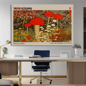 38013-MGV-CV-36X24-Yayoi Kusama Inspired Mushroom Garden Wall Art – Whimsical Botanical Canvas Print, Surreal Nature Poster, Fantasy Floral Artwork