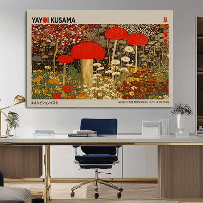 38013-MGV-CV-36X24-Yayoi Kusama Inspired Mushroom Garden Wall Art – Whimsical Botanical Canvas Print, Surreal Nature Poster, Fantasy Floral Artwork