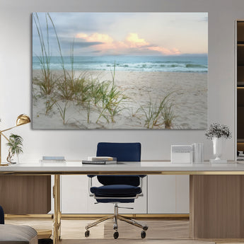 Test1001-MGV-CV-36X24-Coastal Beach Wall Art – Panoramic Ocean Waves and Sandy Dunes Canvas Print, Serene Seascape with Sea Oats for Relaxing Home or