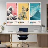 Katsushika-MGV-CV-36X24-Katsushika Hokusai Wall Art Set – The Great Wave, Hydrangea and Swallow, Fine Wind Canvas Prints, Japanese Ukiyo e Style Home and
