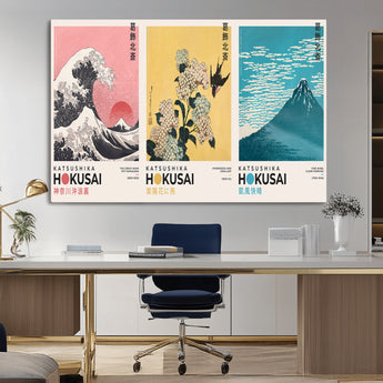 Katsushika-MGV-CV-36X24-Katsushika Hokusai Wall Art Set – The Great Wave, Hydrangea and Swallow, Fine Wind Canvas Prints, Japanese Ukiyo e Style Home and