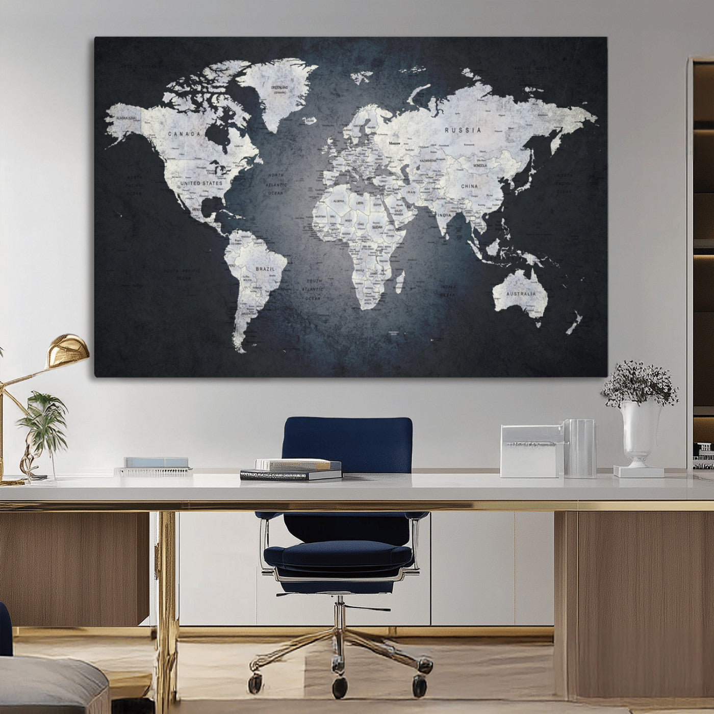 19124-MGV-CV-36X24-Modern World Map Wall Art – Black and White Canvas Print, Minimalist Global Map Decor for Office, Study, Bedroom or Living Room