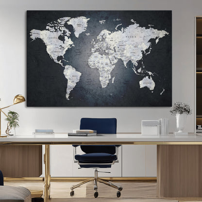 19124-MGV-CV-36X24-Modern World Map Wall Art – Black and White Canvas Print, Minimalist Global Map Decor for Office, Study, Bedroom or Living Room