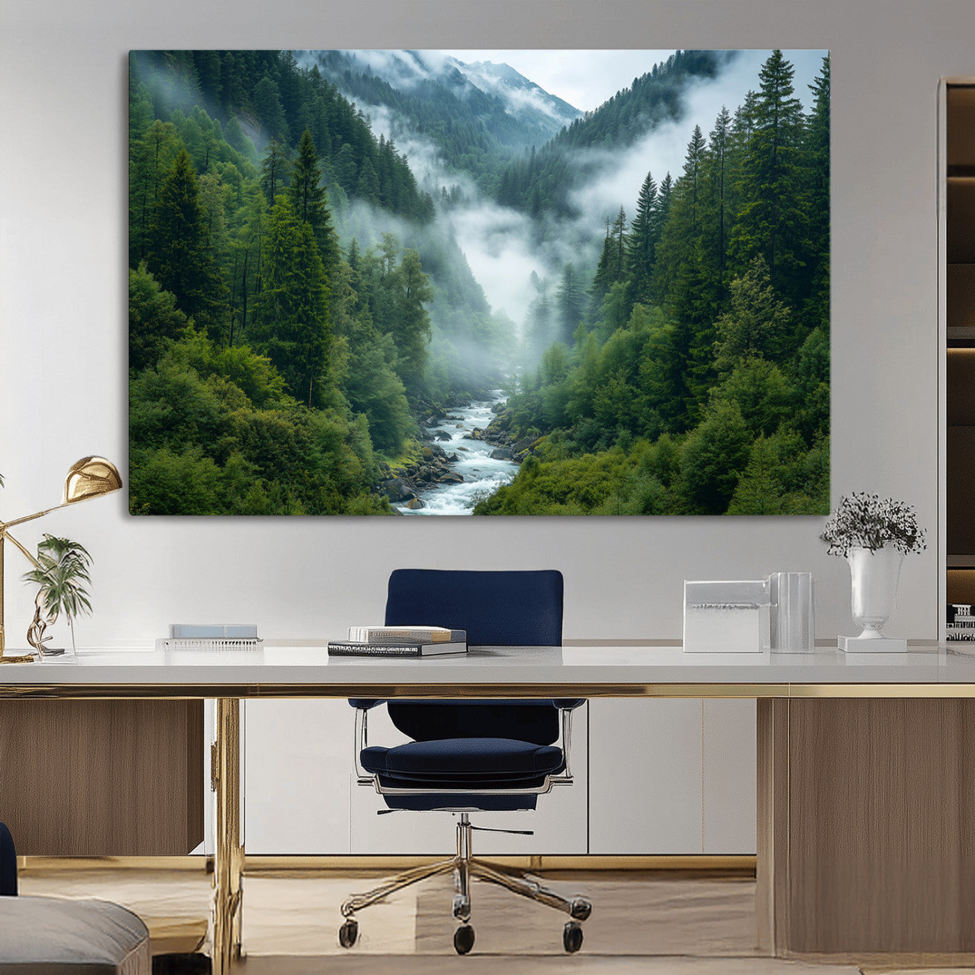 69453-MGV-CV-36X24-Mountain Forest Wall Art – Misty River and Evergreen Landscape Canvas Print, Nature Photography Poster for Living Room, Bedroom,