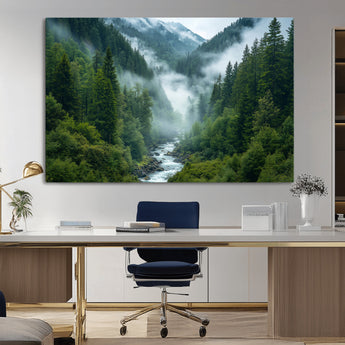 69453-MGV-CV-36X24-Mountain Forest Wall Art – Misty River and Evergreen Landscape Canvas Print, Nature Photography Poster for Living Room, Bedroom,