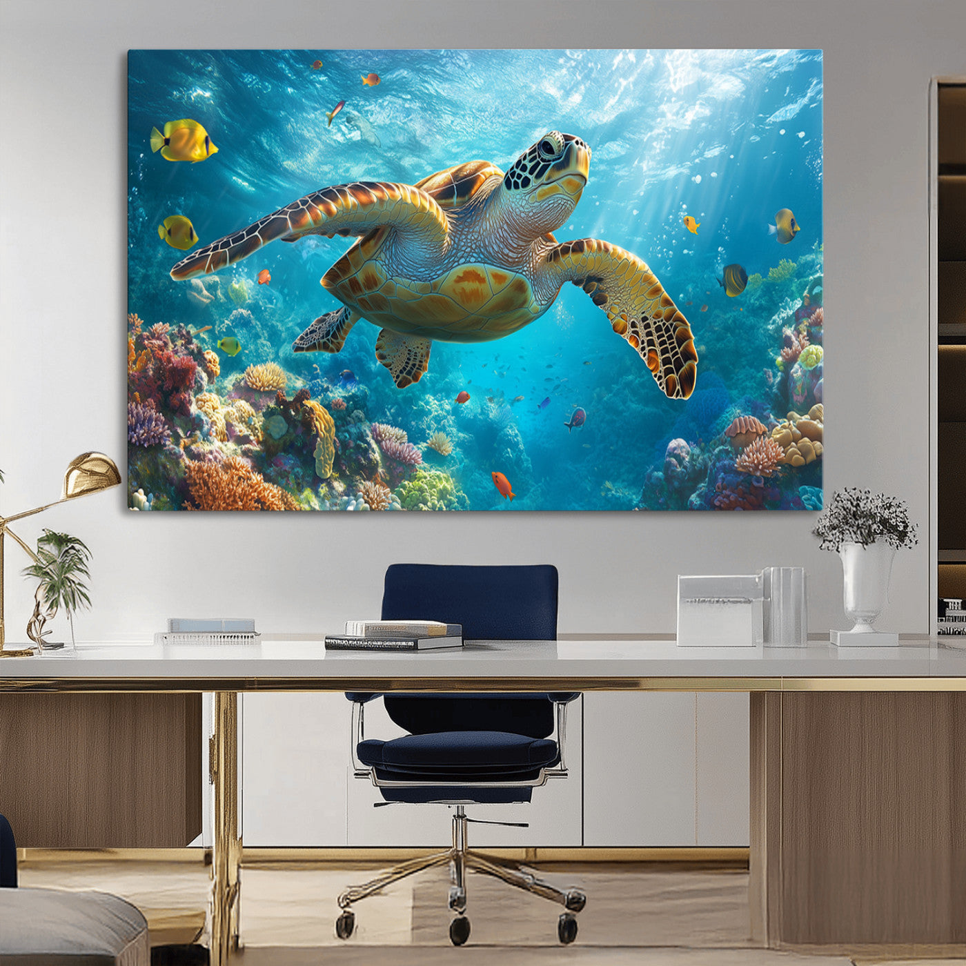 37623-MGV-CV-36X24-Sea Turtle Wall Art – Underwater Ocean Canvas Print with Coral Reef and Tropical Fish, Marine Life Painting Poster for Living