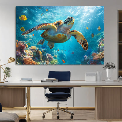 37623-MGV-CV-36X24-Sea Turtle Wall Art – Underwater Ocean Canvas Print with Coral Reef and Tropical Fish, Marine Life Painting Poster for Living