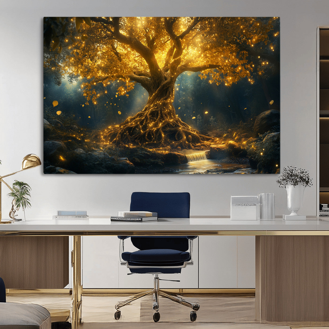 92739-MGV-CV-36X24-Glowing Tree Wall Art – Enchanted Golden Forest Canvas Print, Mystical Illuminated Nature Painting Poster for Living Room,