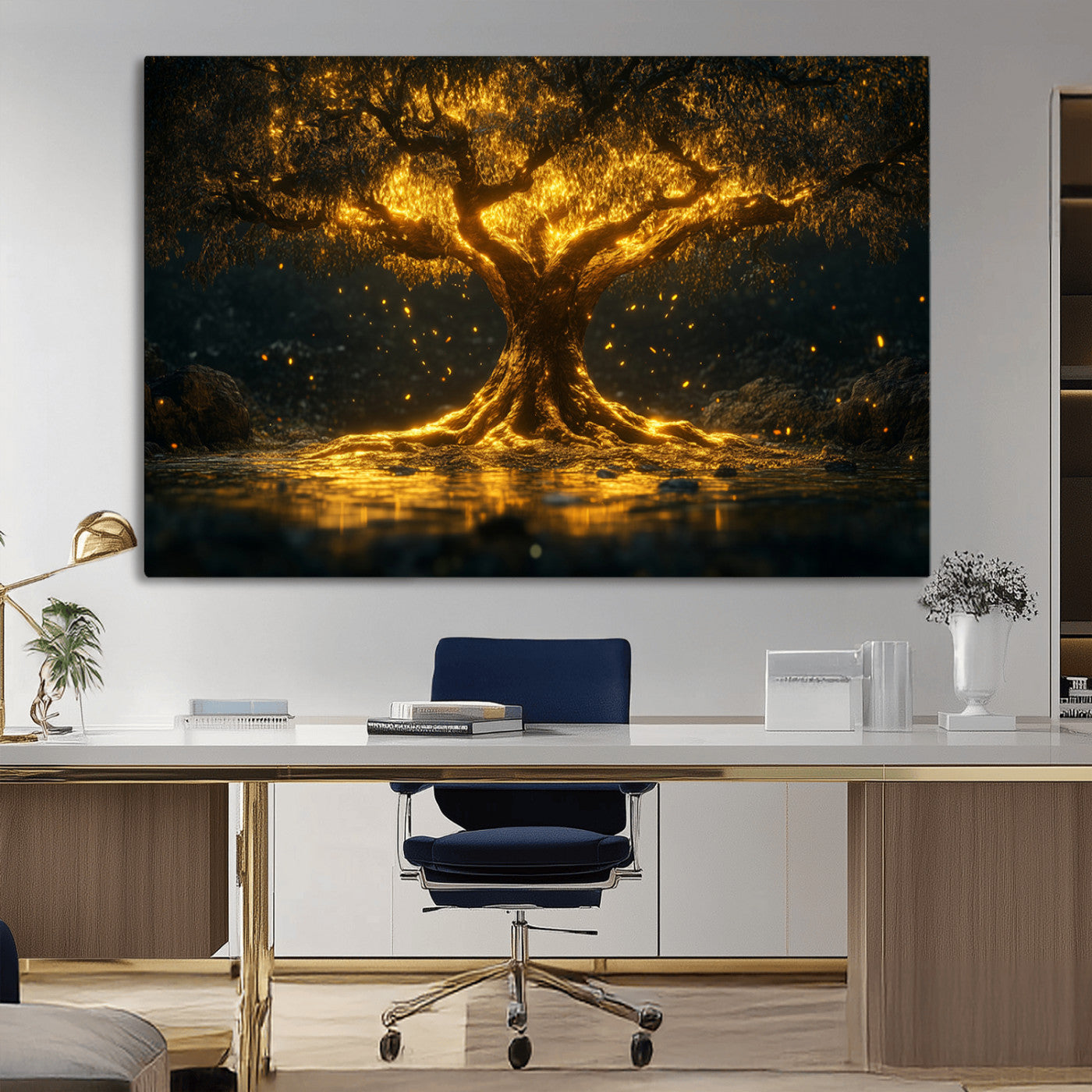 59580-MGV-CV-36X24-Glowing Tree Wall Art – Golden Fantasy Nature Canvas Print, Mystical Illuminated Tree Painting Poster for Living Room, Bedroom,