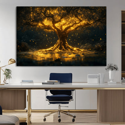 59580-MGV-CV-36X24-Glowing Tree Wall Art – Golden Fantasy Nature Canvas Print, Mystical Illuminated Tree Painting Poster for Living Room, Bedroom,