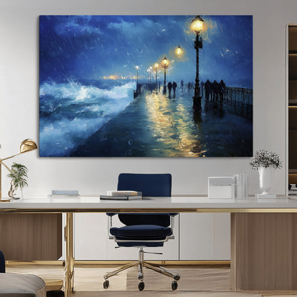 76572-MGV-CV-36X24-Stormy Night Pier Wall Art – Ocean Waves and Street Lamps Canvas Print, Rainy Seascape Oil Painting Poster for Living Room,