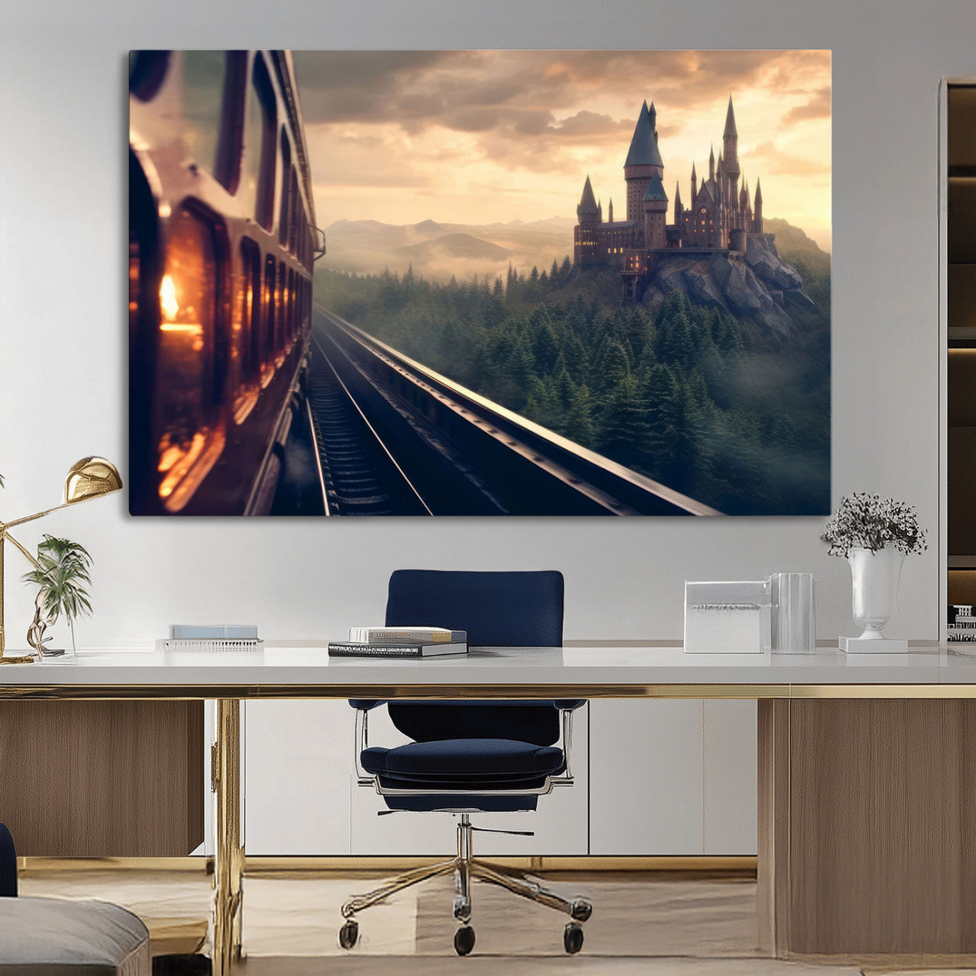 84029-MGV-CV-36X24-Fantasy Castle Wall Art – Magical Train Sunset Forest Canvas Print, Enchanted Landscape Painting Poster for Living Room, Bedroom,