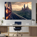 84029-MGV-CV-36X24-Fantasy Castle Wall Art – Magical Train Sunset Forest Canvas Print, Enchanted Landscape Painting Poster for Living Room, Bedroom,