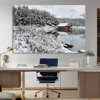 29975-MGV-CV-36X24-Winter Cabin by the Lake Wall Art – Snowy Mountain Landscape Canvas Print, Rustic Lodge Cabin Decor for Cozy Living Room, Bedroom