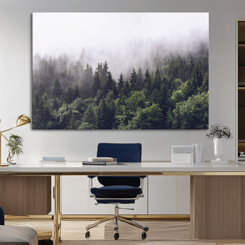 42578900-MGV-CV-36X24-Misty Pine Forest Wall Art – Tranquil Foggy Mountain Canvas Print, Nature Landscape Décor for Bedroom, Living Room, Cabin or