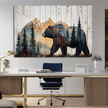 90077-MGV-CV-36X24-Wood Grizzly Bear Wall Art Canvas Print, Framed Abstract Bear Art Picture Print, Bear in Forest Perfect Rustic Lodge Decor Artwork