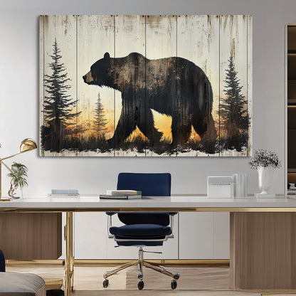 83875-MGV-CV-36X24-Sunset Bear Wall Art – Rustic Wildlife Canvas Print with Forest Silhouette, Cabin Lodge Decor for Living Room or Office