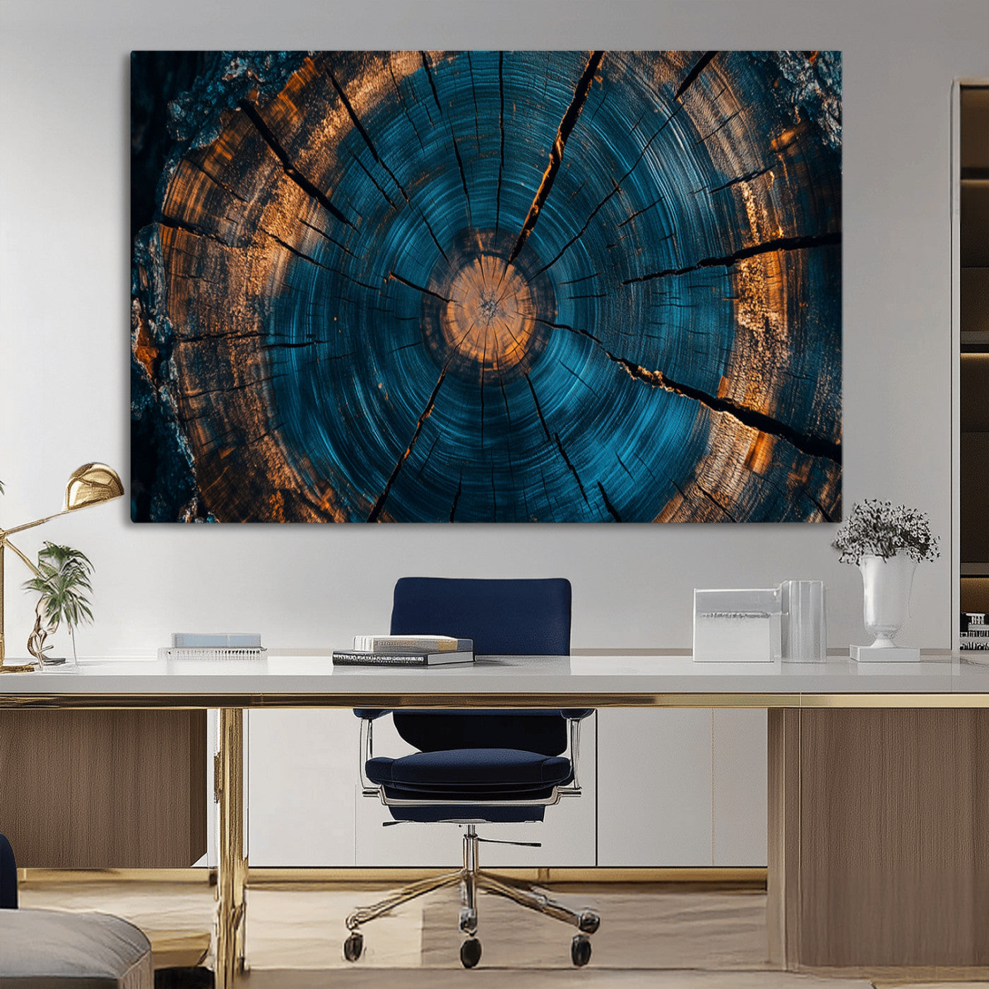 65231-MGV-CV-36X24-Blue and Gold Tree Ring Wall Art – Rustic Abstract Wood Slice Canvas Print, Modern Nature Inspired Artwork for Living Room,