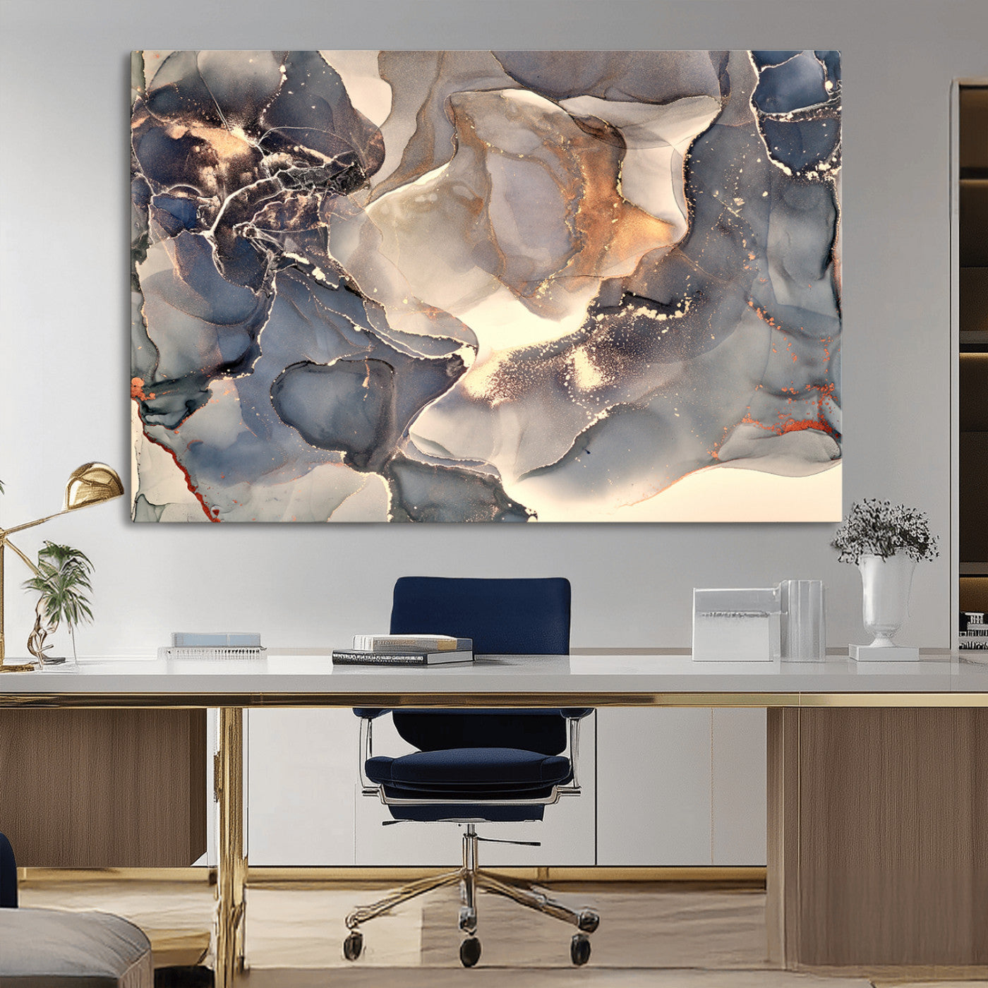 18202-MGV-CV-36X24-Abstract Neutral Wall Art – Blue, Beige and Gold Fluid Ink Canvas Print, Modern Minimalist Painting for Living Room, Office