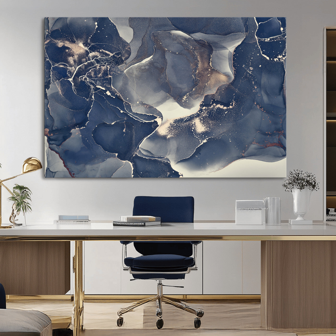 28282-MGV-CV-36X24-Blue Abstract Wall Art – Modern Ink Swirl Canvas Print, Contemporary Navy and Gold Painting for Living Room, Bedroom, Office or