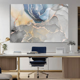 18176-MGV-CV-36X24-Abstract Fluid Wall Art – Modern Marble Ink Canvas Print with Blue, Gold, and Gray Tones, Contemporary Minimal Artwork Decor for
