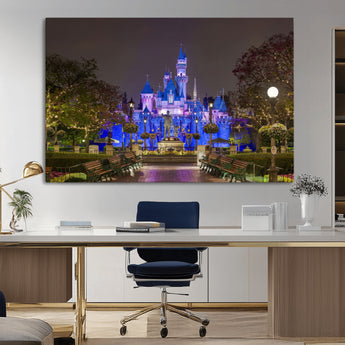 63560-MGV-CV-36X24-Fairy Tale Castle Wall Art – Magical Night Scene Canvas Print with Lights and Gardens, Fantasy Architecture Artwork for Living