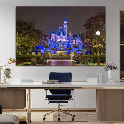 63560-MGV-CV-36X24-Fairy Tale Castle Wall Art – Magical Night Scene Canvas Print with Lights and Gardens, Fantasy Architecture Artwork for Living