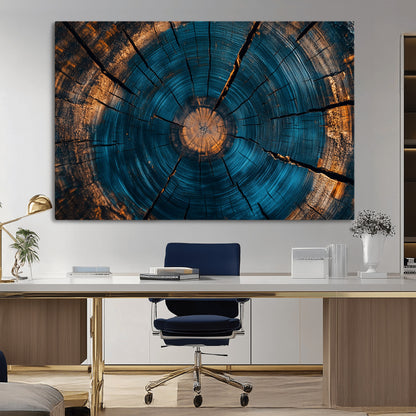 13398-MGV-CV-36X24-Tree Ring Wall Art – Abstract Wood Grain Canvas Print with Blue and Orange Accents, Rustic Nature Inspired Artwork for Living
