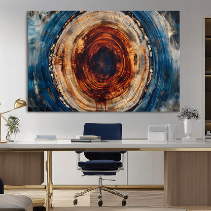 90395-MGV-CV-36X24-Tree Ring Wall Art – Abstract Wood Grain Canvas Print with Fiery Red and Blue Tones, Bold Rustic Nature Inspired Artwork Decor for