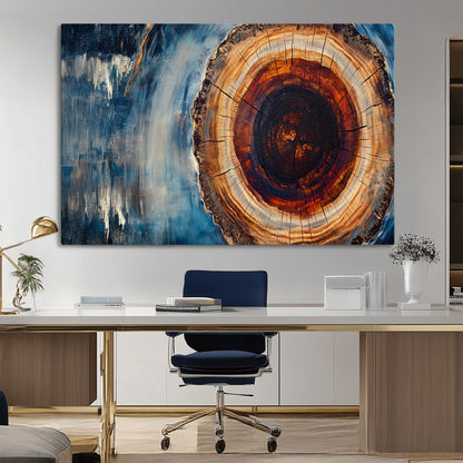 48045-MGV-CV-36X24-Tree Ring Abstract Wall Art – Rustic Wood Grain Canvas Print with Brown Center and Blue Brush Strokes, Nature Inspired Artwork for