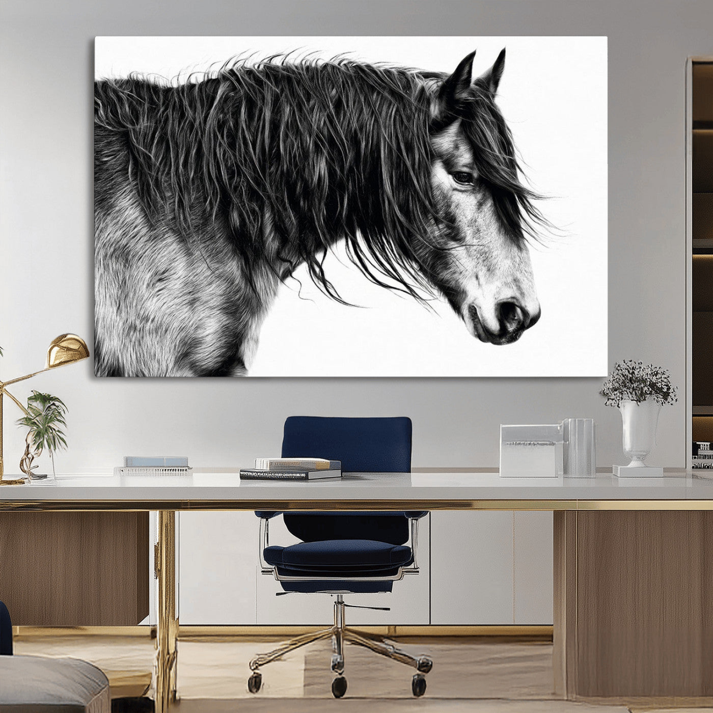 57694-MGV-CV-36X24-Horse Portrait Wall Art – Black and White Canvas Print with Detailed Stallion Profile, Rustic Farmhouse Equestrian Artwork for