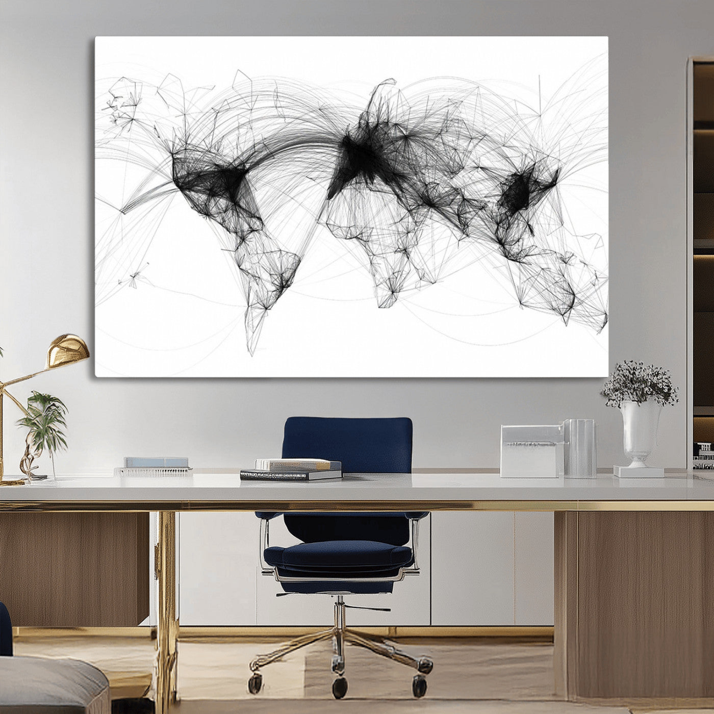 50136-MGV-CV-36X24-Abstract World Map Wall Art – Black Line Network Canvas Print, Modern Minimalist Global Connections Artwork for Office, Study, or