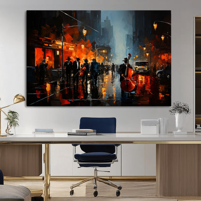 32816-MGV-CV-36X24-City Jazz Night Wall Art – Modern Abstract Urban Street Scene Canvas Print, Moody Music-Themed Decor for Living Room, Office, or