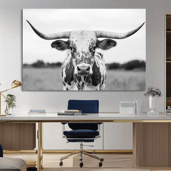 20272-MGV-CV-36X24-Highland Cow Wall Art – Black and White Western Longhorn Canvas Print, Farmhouse Living Room Decor Southwestern Animal Artwork for