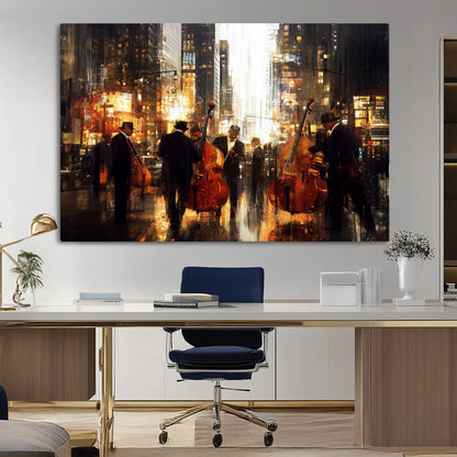 58782-MGV-CV-36X24-Jazz Musicians Cityscape Wall Art – Vibrant Urban Night Canvas Print, Elegant Music Themed Decor for Living Room, Office, or Music