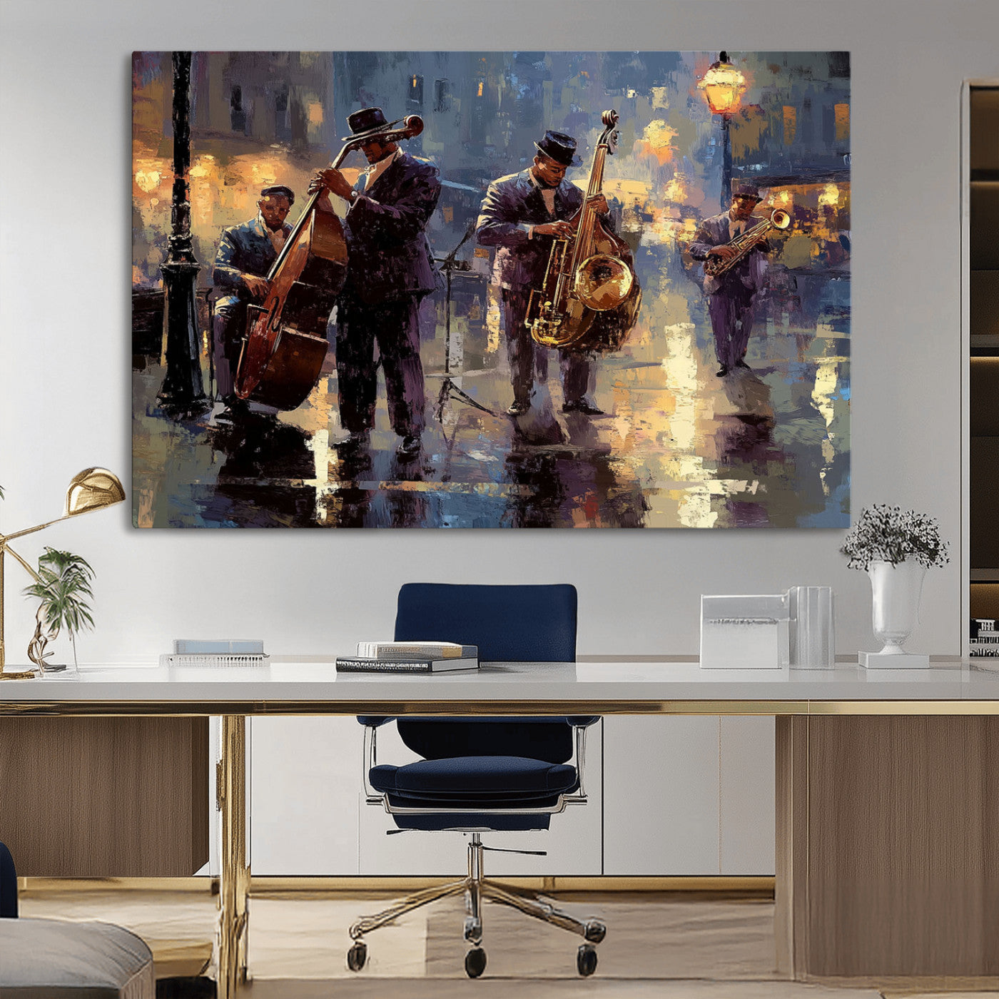 79232-MGV-CV-36X24-Jazz Night Street Musicians Wall Art – Vintage Oil Painting of a Live Jazz Band in Rainy City, Perfect Canvas Print Decor for