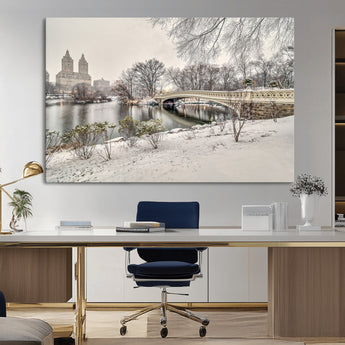 60292-MGV-CV-36X24-Central Park Winter Wall Art – Snowy Bow Bridge Canvas Print, Scenic New York City Landscape Photography for Living Room, Bedroom