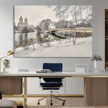 60292-MGV-CV-36X24-Central Park Winter Wall Art – Snowy Bow Bridge Canvas Print, Scenic New York City Landscape Photography for Living Room, Bedroom