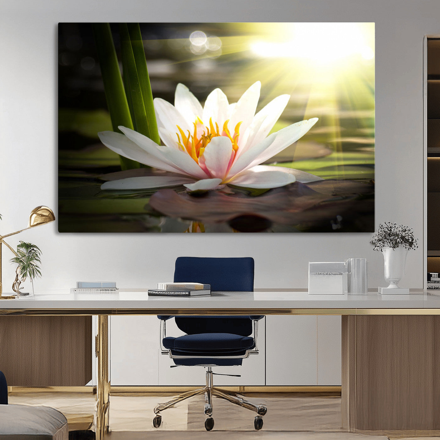 40478-MGV-CV-36X24-Water Lily Wall Art – White Lotus Flower Canvas Print with Sunlight Reflection, Serene Botanical Artwork for Living Room, Bedroom,