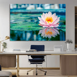 65933-MGV-CV-36X24-Pink Water Lily Wall Art – Lotus Flower Canvas Print with Reflection on Calm Water, Peaceful Botanical Artwork for Living Room,