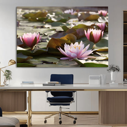 72218-MGV-CV-36X24-Water Lily Pond Wall Art – Pink Lotus Flowers Canvas Print with Green Lily Pads, Peaceful Botanical Artwork for Living Room,