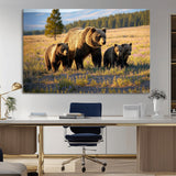 43400-MGV-CV-36X24-Bear Family Wall Art – Wildlife Canvas Print of Mother Bear with Cubs in Sunlit Meadow, Rustic Animal Artwork for Living Room,