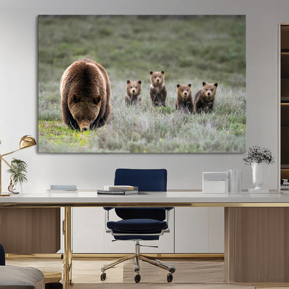 40555-MGV-CV-36X24-Bear Family Wall Art – Wildlife Canvas Print of Mother Bear with Four Cubs in Nature, Rustic Animal Artwork for Living Room,
