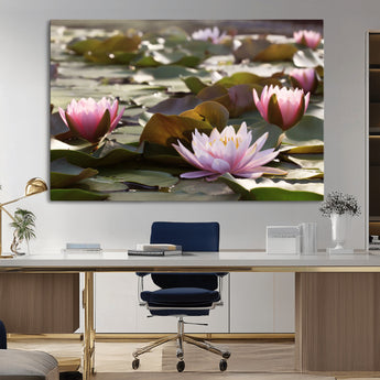 28394-MGV-CV-36X24-Water Lily Pond Wall Art – Pink Lotus Flowers Canvas Print with Green Lily Pads, Peaceful Botanical Artwork for Living Room,