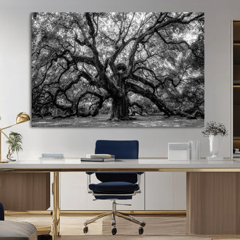 132944706-MGV-CV-36X24-Ancient Tree Wall Art – Black and White Photography Canvas Print Featuring Majestic Twisting Branches, Rustic Nature Artwork for