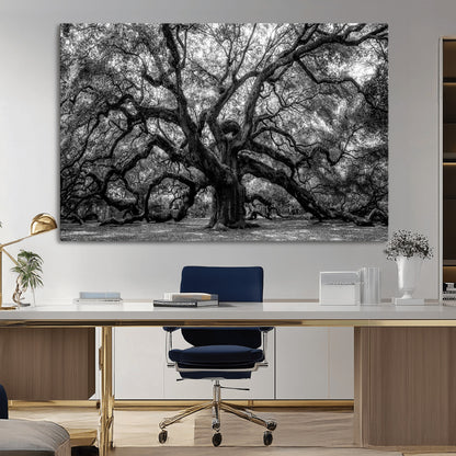 132944706-MGV-CV-36X24-Ancient Tree Wall Art – Black and White Photography Canvas Print Featuring Majestic Twisting Branches, Rustic Nature Artwork for