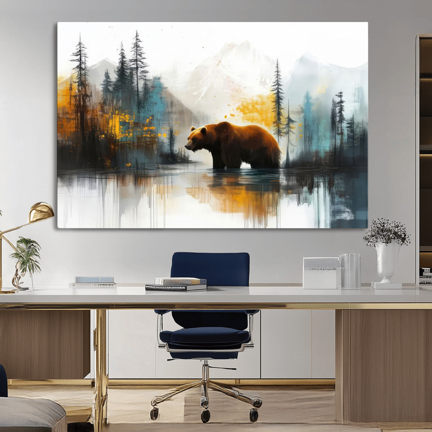 50308-MGV-CV-36X24-Abstract Rustic Bear Wall Art – Forest and Mountain Scene Canvas Print, Nature Artwork for Modern Farmhouse or Log Cabin Decor