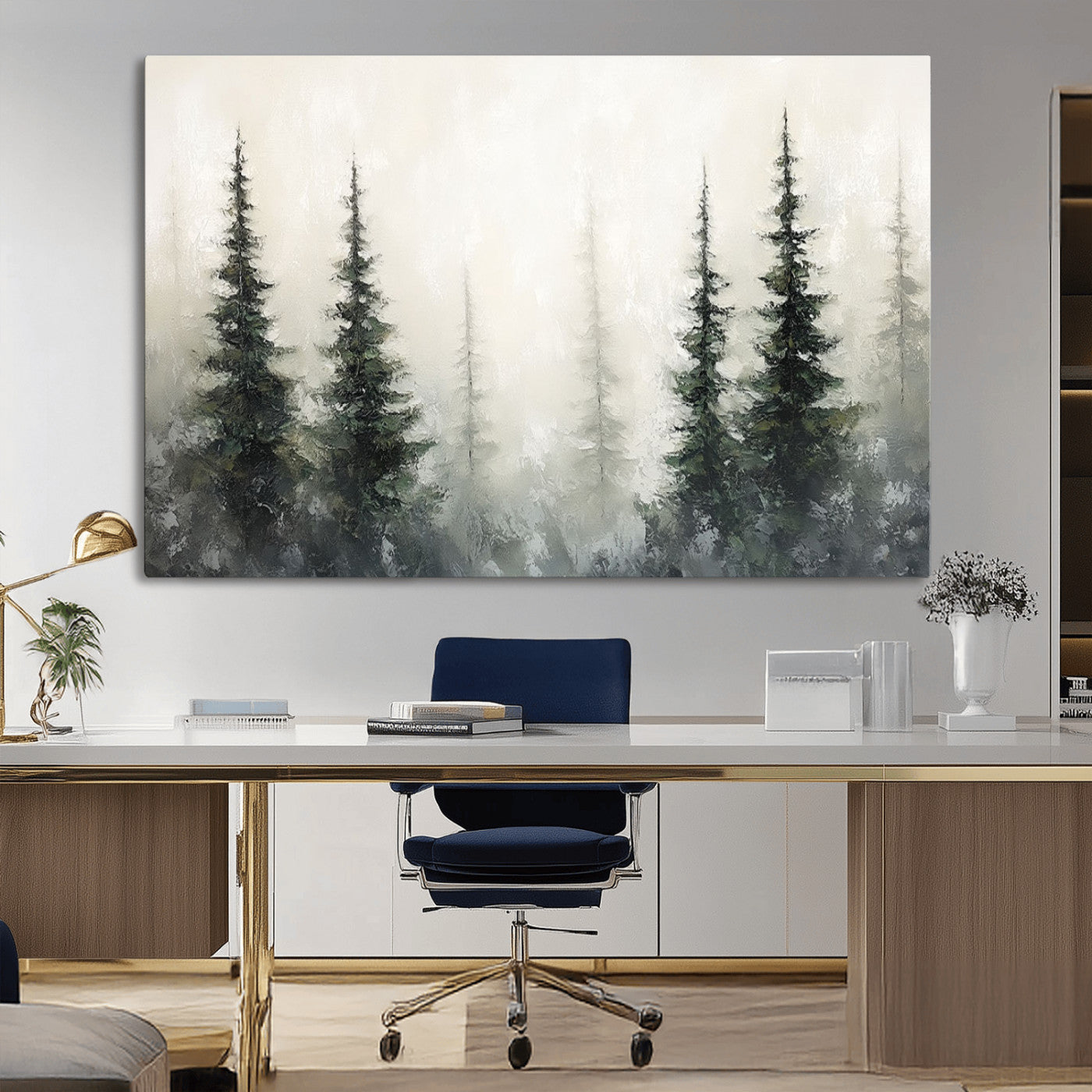 33241-MGV-CV-36X24-Misty Forest Wall Art Canvas Print, Framed Foggy Pines Art Picture Print, Forest Haze Perfect Rustic Minimalist Decor Artwork