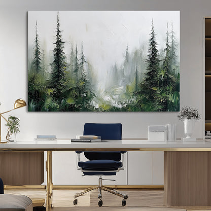 76014-MGV-CV-36X24-Forest Wall Art – Textured Canvas Print Featuring Misty Evergreen Pines and Woodland Landscape, Rustic Nature Artwork for Living